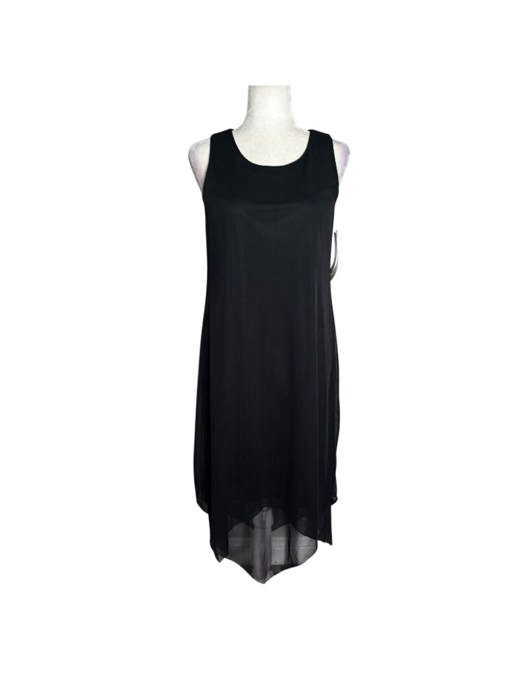 Vintage 90s Sleeveless Midi Dress 12 Black Sheer Overlay Handkerchief Hem NEW